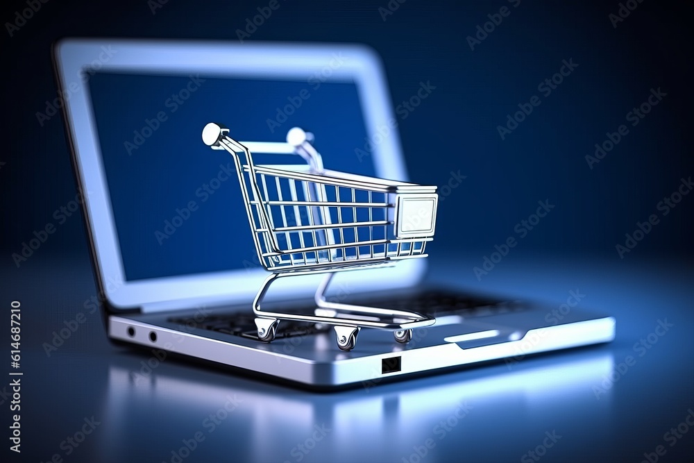 Cart & laptop on blue background, online shopping concept, Generative AI