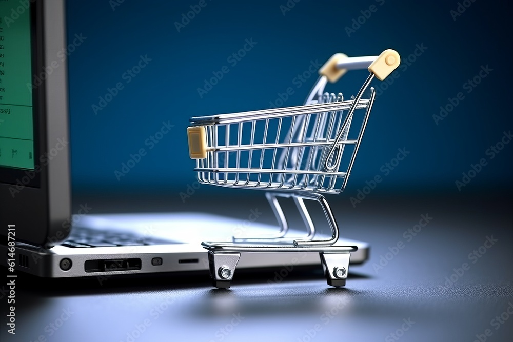 Cart & laptop on blue background, online shopping concept, Generative AI