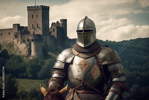 Medieval knight in armor with castle backdrop, Generative AI