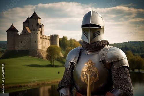 Medieval knight in armor with castle backdrop  Generative AI
