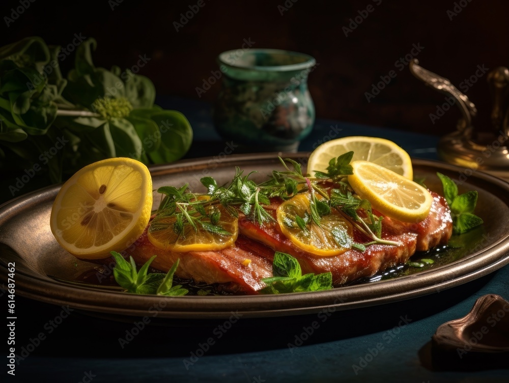 Saltimbocca dish garnished with lemon slices and fresh herbs on a ceramic plate