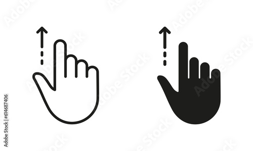 Hand Finger Drag Up Line and Silhouette Black Icon Set. Gesture Swipe and Slide Up Pictogram. Pinch Screen, Rotate on Screen Symbol Collection on White Background. Isolated Vector Illustration