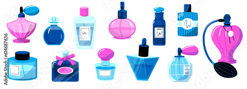 Cartoon perfume bottles. Colorful tubes with luxurious fragrances and woman cosmetic products, luxury cologne. Vector set photo