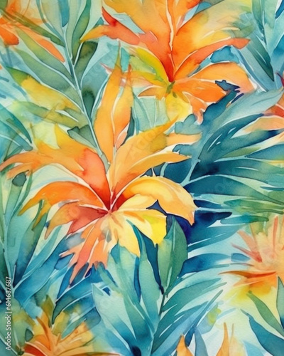 AI generated bright summer background with tropical flowers