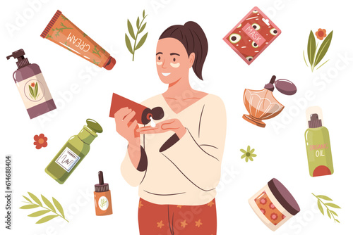 Woman beauty routine cosmetics. Girl personal care products for daily bath and grooming. Vector cartoon characters face and body care products isolated set