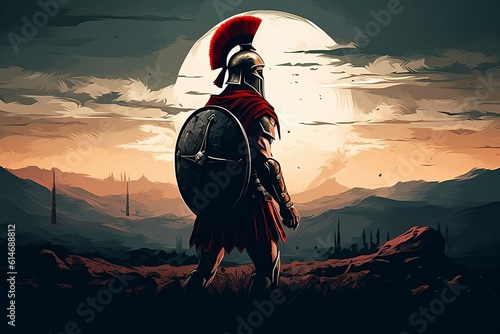 Spartan soldier on battlefield with helmet, Generative AI photo