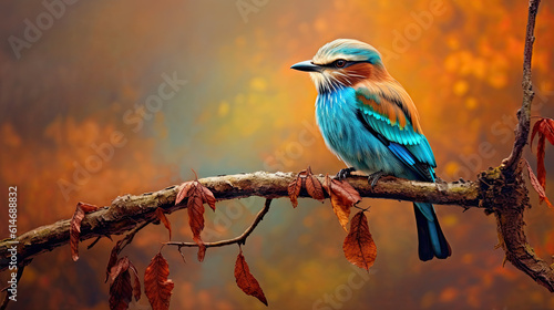 illustration of a roller bird perched on a withered branch at late autumn. Generative AI image.