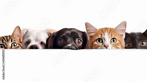 Curious three cats and three dogs peeking out from behind a white web banner, space for a text generated by AI