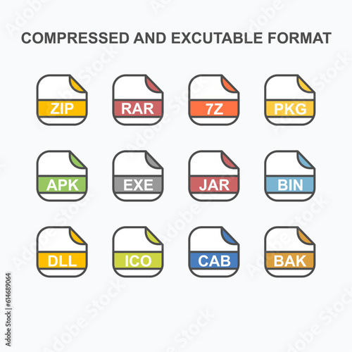 Set of Compressed and Executable File Extension, Rounded Square Icon with Text - Format Extension Icon Vector Illustration.