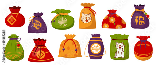 Lucky bags. Cute traditional asian gift with ribbons, holiday festival asian colorful gift bags, decorated with korean symbols. Vector set