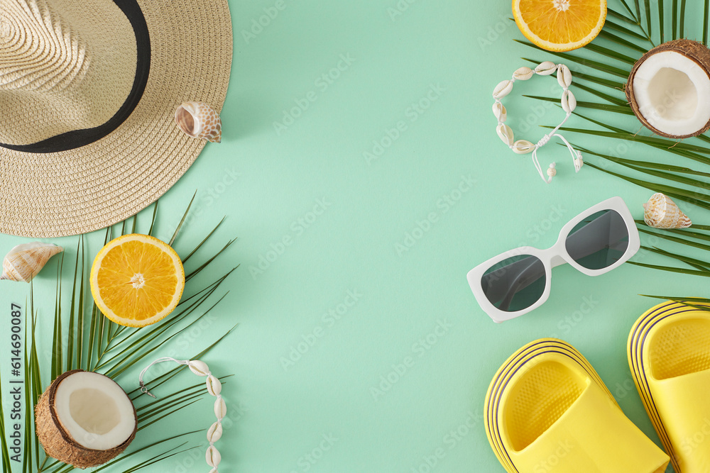 Seaside escape in the summer concept. Top view flat lay of sun hat, sunglasses, yellow footwear, tropical leaves, orange, ripe coconut, seashells on teal background with blank space for text or promo