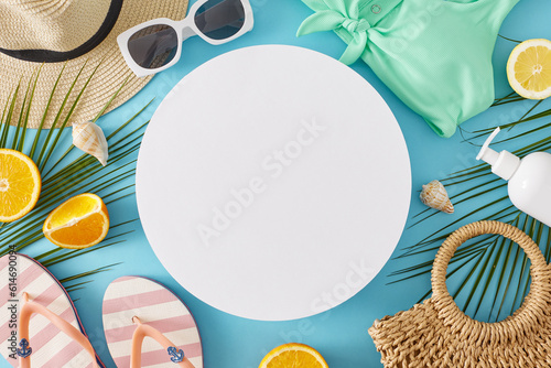 Idea of a summer holiday by the sea. Top view flat lay of summer accessories, sunscreen pump bottle, tropical leaves, citrus, seashells on light blue background with blank circle for text or ad