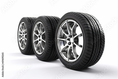 the concept of changing tires on a car. car wheels on a white background. generative ai. © robertuzhbt89