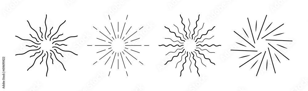 round minimalistic drawings. set the sun. different shapes of rays. modern style of drawing. vector.