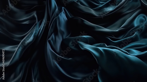 Black blue silk satin. Dark elegant background. Luxurious dark silk fabric wallpaper background. Generative AI.