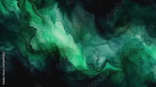 Black green abstract watercolor. Dark emerald green color watercolour wallpaper background. Generative AI.