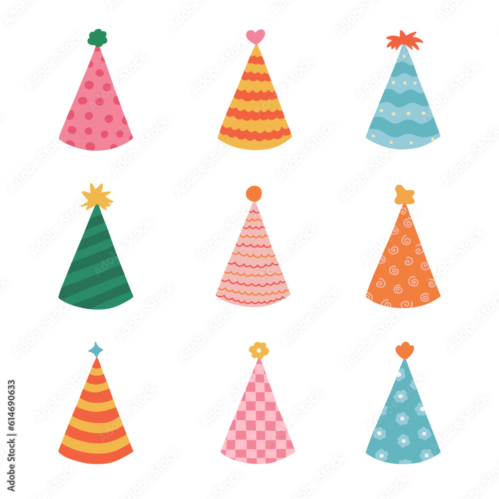 Cute set with simple birthday party hat in bright color with pompon above. Party cone and Christmas cap with cute decoration. Hand drawn vector colorful doodle isolated on white background Cute set with simple birthday party hat in bright color with pompon above. Party cone and Christmas cap with cute decoration. Hand drawn vector colorful doodle isolated on white background