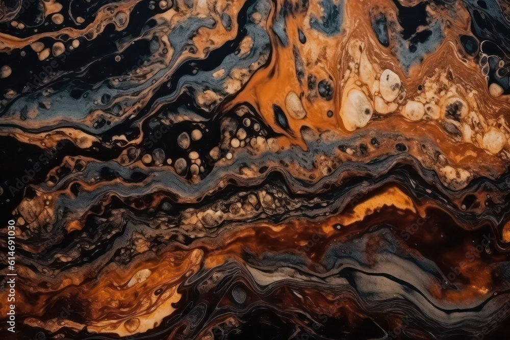 Brown orange black abstract marble pattern texture. Close-up view wallpaper background. Generative AI.