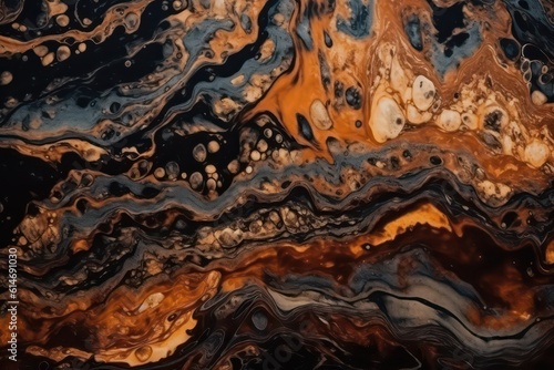 Brown orange black abstract marble pattern texture. Close-up view wallpaper background. Generative AI.