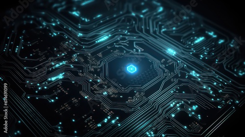 Circuit board futuristic technology background. Digital matrix wallpaper background. Blue color theme. Generative AI.