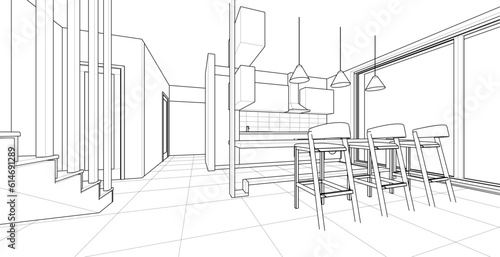 interior kitchen living room 3d illustration