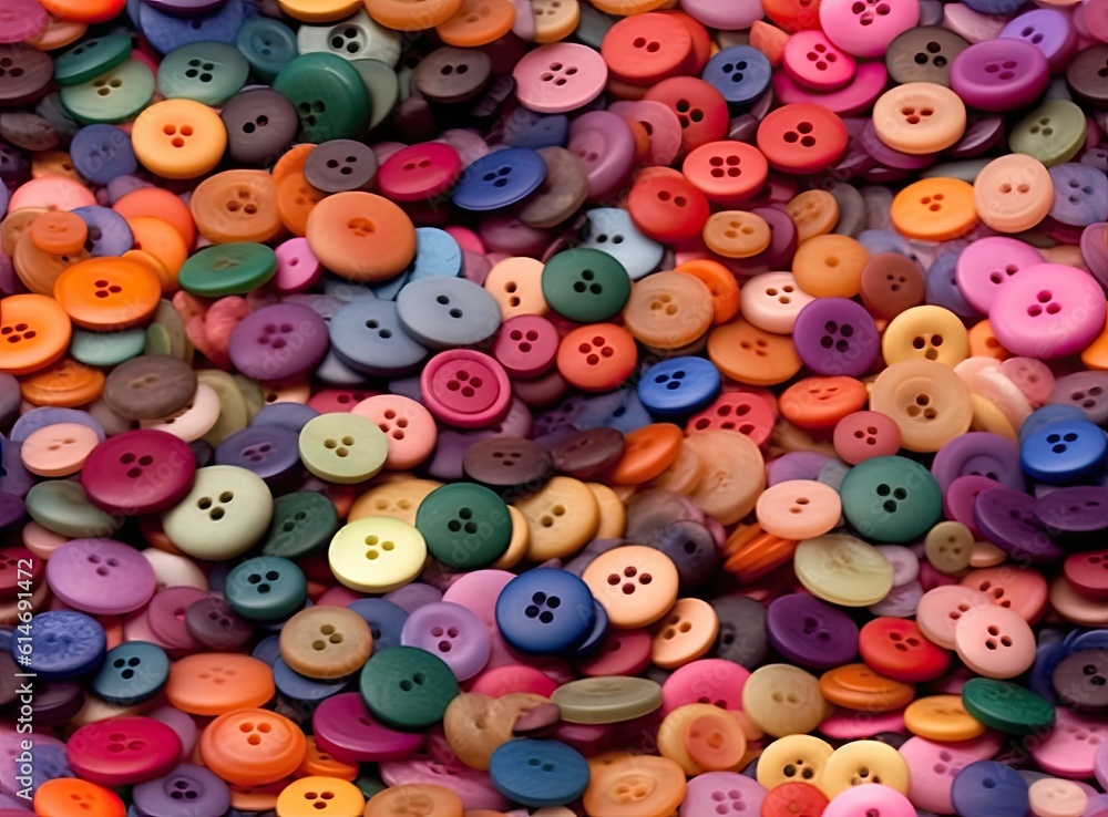Many colorful garment buttons in various shapes and sizes. SEAMLESS PATTERN. Created with Generative AI technology. Many colorful garment buttons in various shapes and sizes. SEAMLESS PATTERN. Created with Generative AI technology.