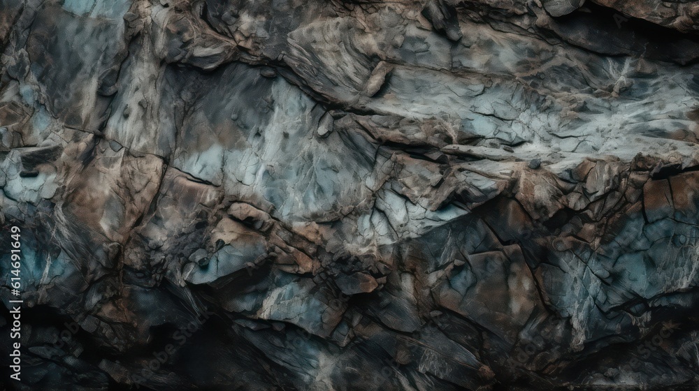 Gray blue brown rock texture. Rough mountain surface wallpaper background. Generative AI.