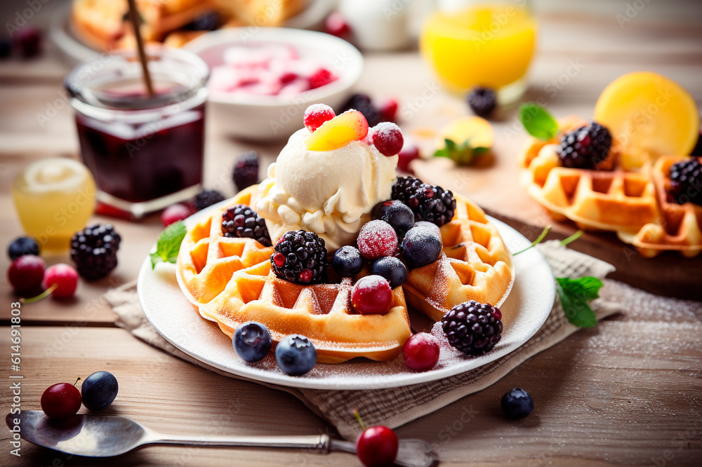 Belgium waffles with fruits and ice cream Belgium waffles with fruits and ice cream