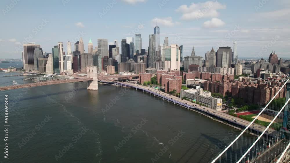 Long aerial of New York's Financial District and East River, with Brooklyn and Manhattan bridges. Long aerial of New York's Financial District and East River, with Brooklyn and Manhattan bridges.