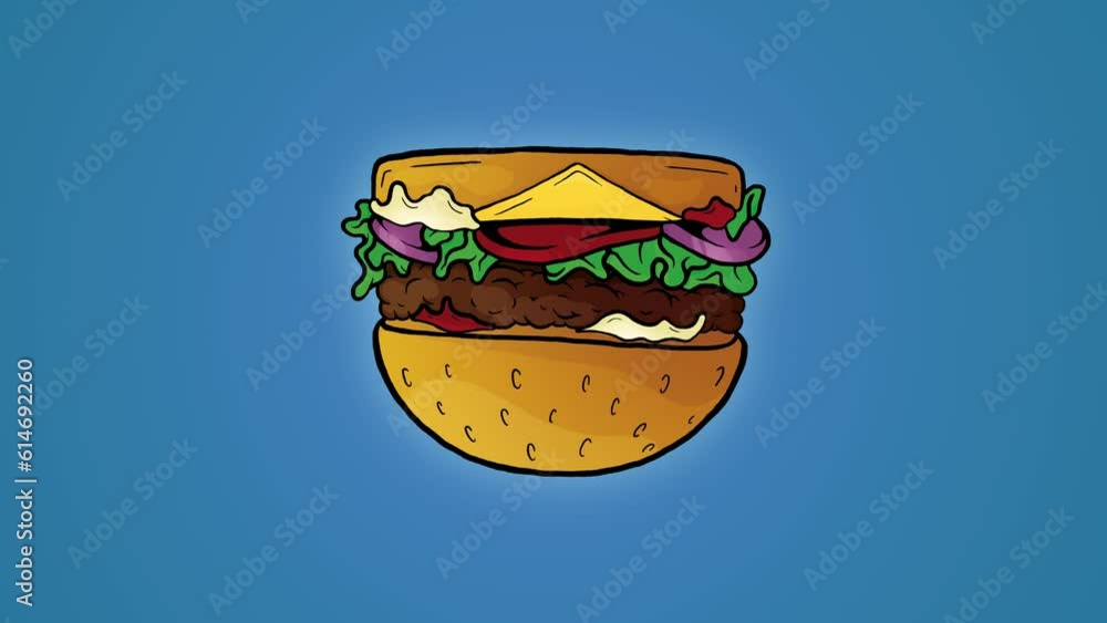 Rolling burger cartoon illustration isolated on blue gradient ...