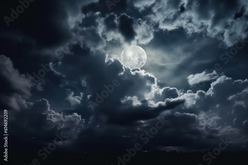 Night sky with clouds. Dark dramatic sky background with moonlight. Generative AI.