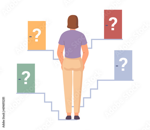 Woman in thoughtful pose, back view. Choice concept, woman thinking, with question mark. Making solution, path choice, uncertain lady searching the way. Challenge and opportunities