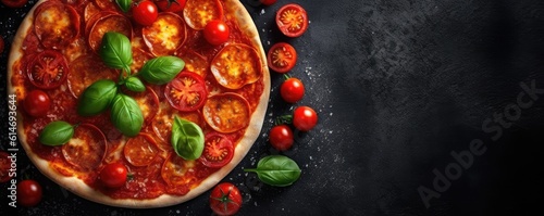 Delicious pepperoni pizza and basil tomatoes cooking ingredients on black concrete background. Top view of hot pepperoni pizza. With copy space for text. Created with Generative AI technology.