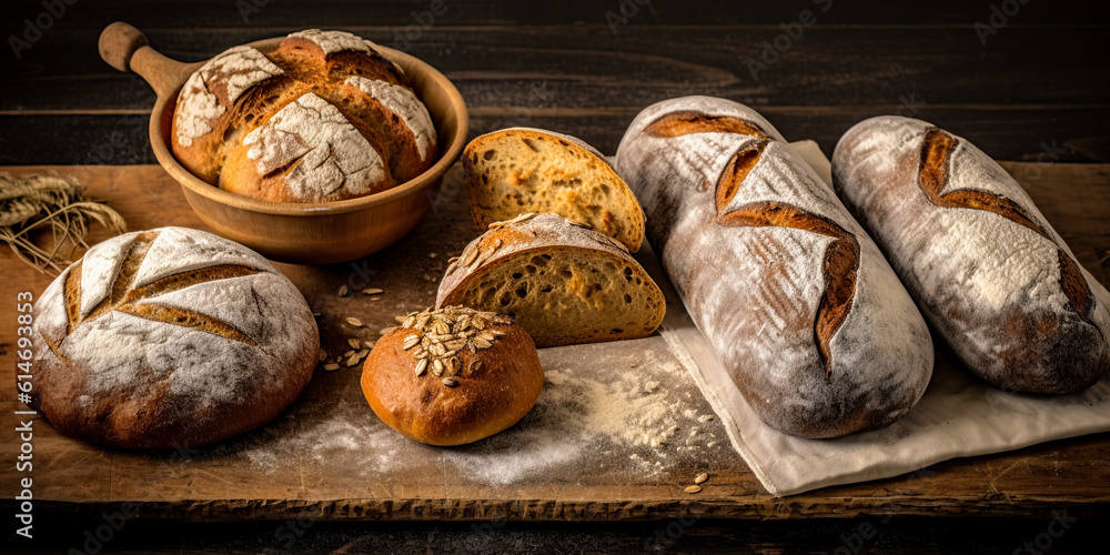 Variety of bread and bakery products. Generative Ai