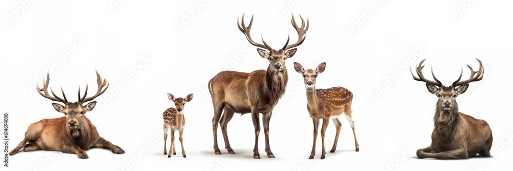 Wildlife forest woods animals wild moose banner panorama long - Collection of deer, stag, fawn animal (Cervidae) family with baby, isolated on white background, Generative Ai Wildlife forest woods animals wild moose banner panorama long - Collection of deer, stag, fawn animal (Cervidae) family with baby, isolated on white background, Generative Ai