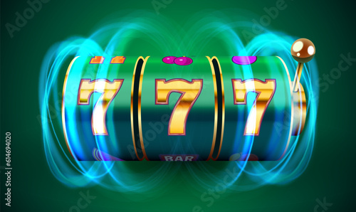 Neon slot machine coins wins the jackpot. 777 Big win casino concept.