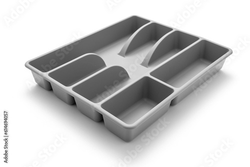 Empty plastic drawer cutlery tray isolated on white