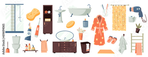 Bathrooom elements collection. Cartoon bathroom equipment and toilet accessories, shower and bathtub elements, hygiene room decor. Vector isolated set