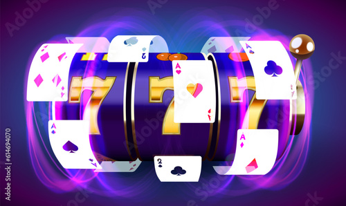 Neon slot machine coins wins the jackpot. 777 Big win casino concept.
