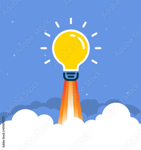 Light bulb idea insight rocket launch concept background. Lightbulb vector design cartoon unique creative idea.