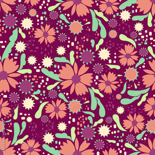 Seamless bright summer floral vector pattern. Surface design with small plants: flowers, leaves, buds.