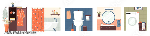 Cartoon bathroom and toilet interiors. Bathroom with washbasin and shower, minimalistic lavatory with shelves and cabinet flat style. Vector illustration