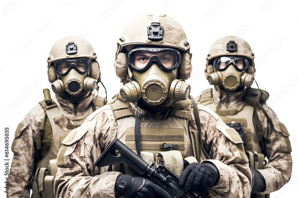 Soldiers wearing military uniforms and anti-gas mask. on white background. generative ai
