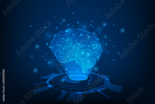 Vector futuristic hologram brain with medical healthcare graphic of MRI scan interface.