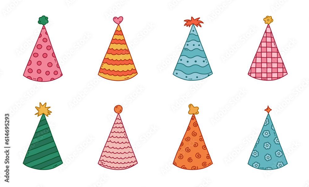 Cute set with birthday party hat in bright color with pompon above. Party cone, Christmas cap with cute decoration. Simple vector colorful doodle with hand drawn outline isolated on white background Cute set with birthday party hat in bright color with pompon above. Party cone, Christmas cap with cute decoration. Simple vector colorful doodle with hand drawn outline isolated on white background