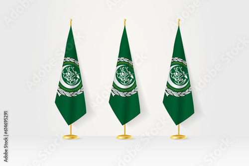 Three Arab League flags in a row on a golden stand, illustration of press conference and other meetings.