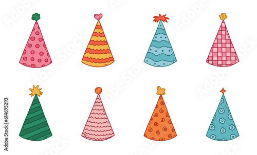 Cute set with birthday party hat in bright color with pompon above. Party cone, Christmas cap with cute decoration. Simple vector colorful doodle with hand drawn outline isolated on white background