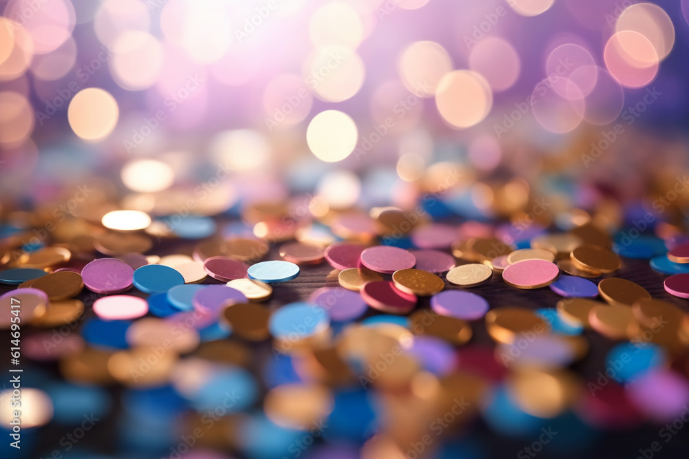 gold and purple confetti on the bokeh background with selective focus created with AI generative tools