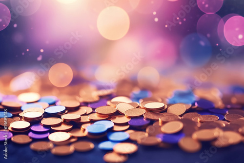 gold and purple confetti on the bokeh background with selective focus created with AI generative tools