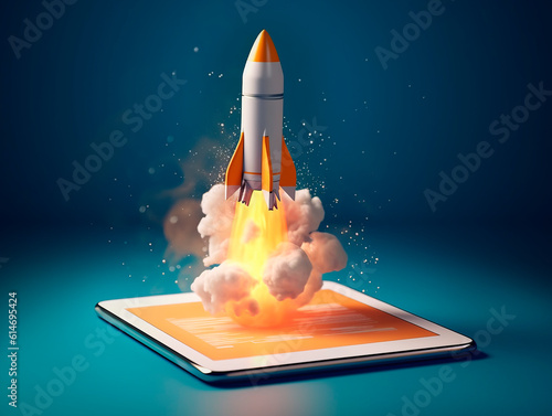 Spaceship launch from digital tablet. Rocket starts from mobile device screen. Concept of a successful start up of a business. Creative idea, education online. Ai Generative illustration